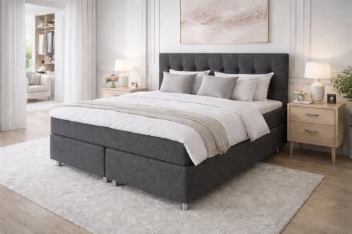 Tesla Dreams Boxspringbett 180x200 Ronda, 7 Zonen Taschenfederkern-Matratze H2/H3, 5 Jahre Garantie, Topper Visco, Unterbau Taschenfederkern, Montage verfügbar, Anthrazit