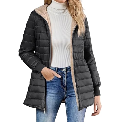 Cazadora Mujer Invierno Manga Larga Color Liso con Capucha - Abrigo De Plumas Mujer Invierno con Bolsillo Cremallera Running Classic Transpirable Cazadoras Elegante Suave Plumíferos Negro XL