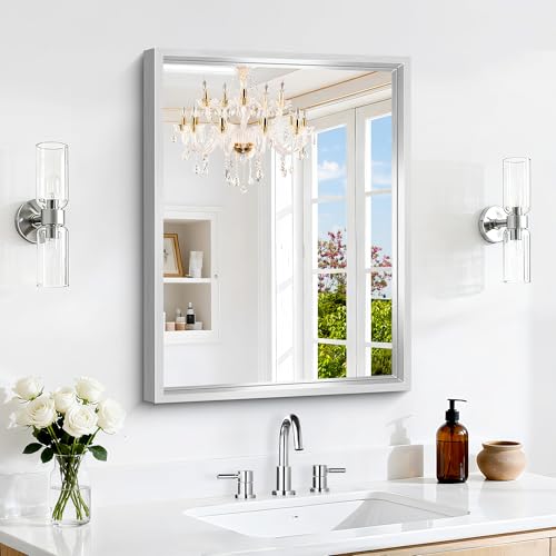 Image of 18x24 Silver Bathroom Mirror, Brushed Nickel Rectangular Mirror for Wall, 0.6 inch Thickened Deep Frame Mirrors for Bathroom Sink, Shatterproof Tempered Glass, Antirust, Horizontally or Vertically
