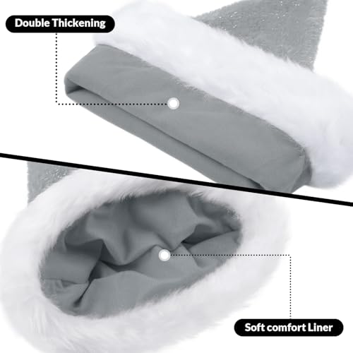 KONVINIT Grey Christmas Santa Hat Adult,Fluffy Sparkly Santa Claus Hat Plush Santa Hat with Double Lining for Christmas Party or Costume,Luxury Father Christmas Hat for Men and Women,Grey - Image 4
