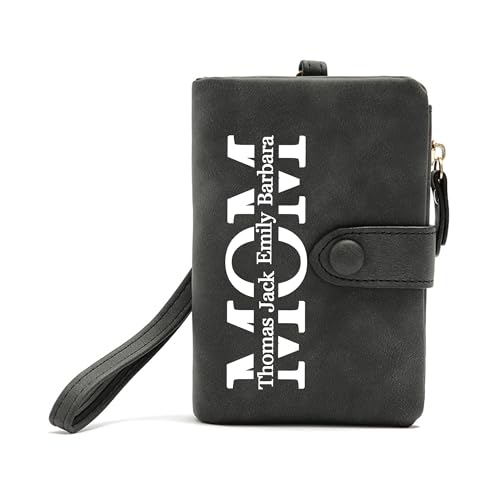 Personalized Gifts for Mom - Custom Womens Wallet with Names, Gifts for Mothers Day Mom Birthday - Customized Ladies Wristlet Wallet Coin Purse Bifold Cards Holder, Black