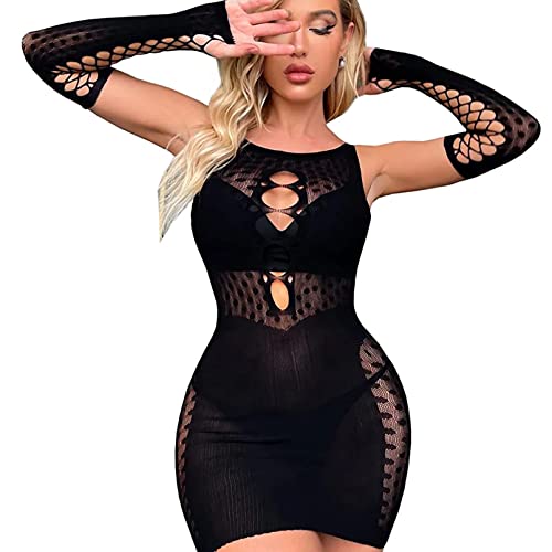 RechicGu Women's Fishnet Lingerie Mesh Hole Chemise Lingerie Long Sleeved Babydoll Bodysuit Dress Free Size for Women Girls