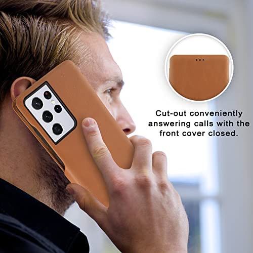 Image of PULOKA for Samsung Galaxy S22 Ultra - Sleek Flip Case - Premium Vegan Leather Phone Cover with Card Slot - Slim, Durable, Privacy Protection - Kickstand Function - Elegant Flip Wallet Cases - TAN