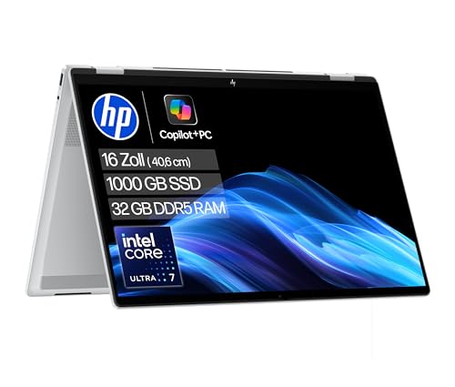 HP OmniBook X Flip NG AI Intel Core Ultra 7 2 in 1 Laptop, Next Gen KI Copilot+ PC, 16" 3K 2880 x 1800 Touchscreen, 32 GB DDR5 RAM, 1 TB SSD, Win 11, QWERTZ, Silber