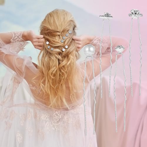 Braut Hochzeit Haarnadeln 40 Stück Strass Perlen Haarnadeln Haarschmuck Silber U-Förmige Blumen Kristalle Brautschmuck für Frauen und Mädchen Kommunion, Hochzeit Party