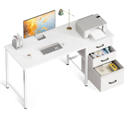 Coleshome Computer Desk with Drawers, 120×48cm Office Desk with Storage, Reversible Small White...
