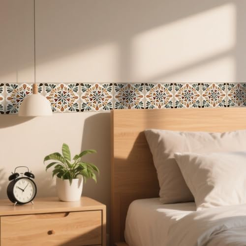 Image of Nuxovilar Boho Retro Floral Peel Stick Wall Border PVC 3.94x16.4' | Wall Trim, Molding Decal, Peel Stick Border, Adhesive Frame, for Bedroom, Kitchen, Living Room (Boho Floral)