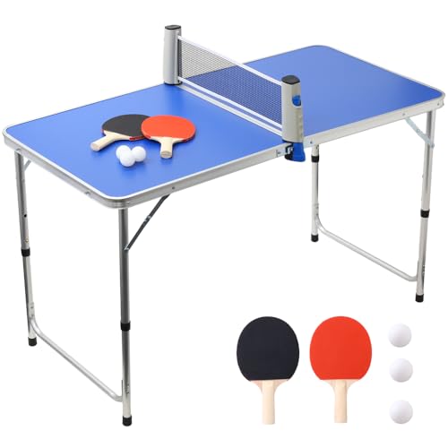 Japard Mini Table Tennis Game Set Foldable for Kids Family Senior 2ft x 4ft, Height Adjustable Portable Ping Pong Gaming Kit for Indoor Outdoor Blue, 2 Paddles, 3 Balls