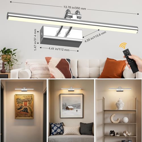 Image of Picture Light for Wall, Platinum Silver, Battery Operated, Remote Control | 4000mAh Cordless,Wall Light, Magnetic for Easy to Charge,Timers, Display for Gallery Living Room Bedroom