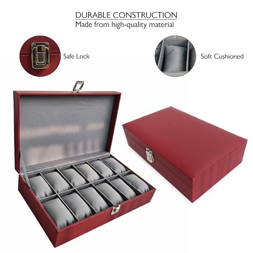 Image of MDF Unisex Faux Leather Watch Organiser Box with 12 Slots | Color: Maroon