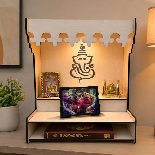 Image of Zesta Wooden Mandir for Home Big Size | DIY Pooja Mandir with LED Spot Light | Devghar Cabinet for Living Room or Office | Wall Mounted Pooja Unit for Home (White)