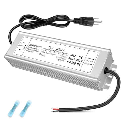 Image of 12V 300W LED Power Supply, IP67 Waterproof LED Driver, AC 80-265V to DC 12 Volt 25A Low Voltage Transformer Converter for Outdoor LED Strip & Landscape Lighting, 3-Prong Plug