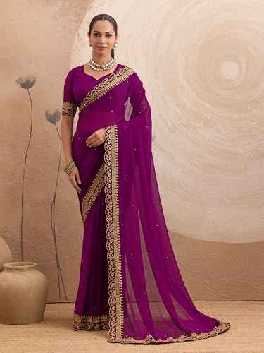 Image of Women's Georgette Embroidery Border Beads work Saree with Blouse Piece