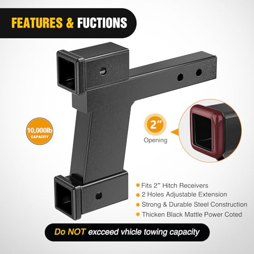 Image of Nilight Trailer Hitch Extension Riser for 2 Inch Receiver with 2 and 8Inch Rise or Drop with Bolt Nut Clip 10,000 lbs Capacity Adjustable Extend 8 inch 10 inch Length Black Coated for Class I-VI Receivers