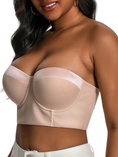 Women Longline Strapless Bra Back Smoothing Support with Clear Straps for Big Bust Fat, No Move on Wedding Party C/D/DD/DDD