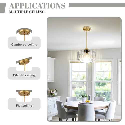 Image of Pendant Lights Kitchen Island Mid Century Modern Ceiling Light Gold Chandelier with Clear Glass Shade Hanging Lights for Bedroom Living Dining Room Compatible with E26 Bulb (Bulb Not Included)