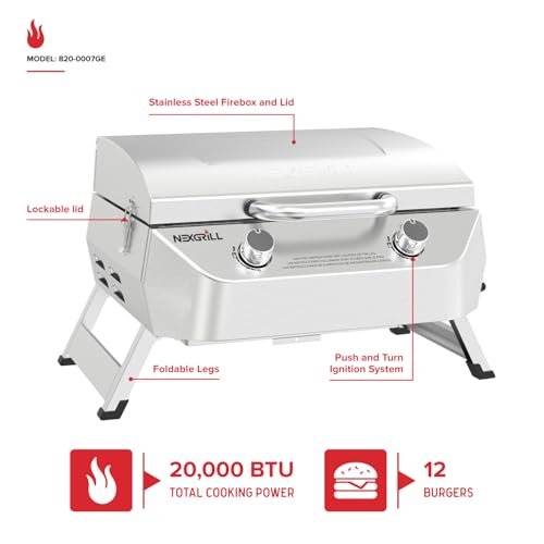 Nexgrill Stainless Steel 2-Burner Portable Gas Grill with Locking Lid, Folding Legs, 20,000 BTUs, 251 SQ In Cooking Space, Tabletop Grill for Camping, Outdoor Cooking, Patios, and More - 820-0007GE