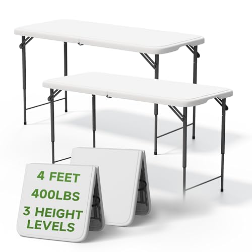 Ortus Collective Folding Table 4 Foot - 3-Position Adjustable Height, Heavy Duty 400 lbs Capacity - Portable Tables Folding for Camping, Party, Indoor & Outdoor Use, 2 Pack