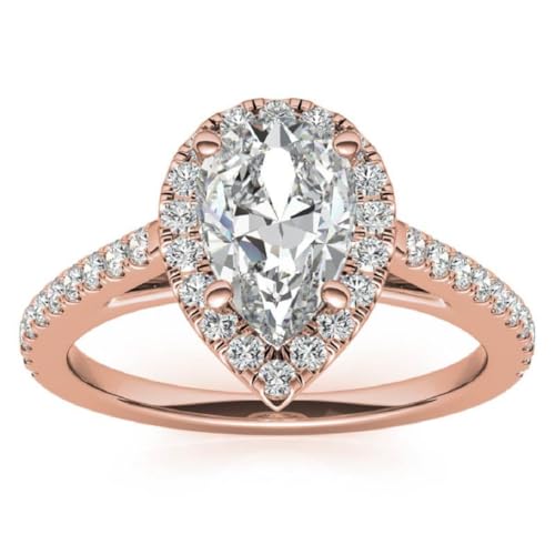 LOVE BAND 2-3CT Moissanite Handmade Wedding Ring for Women Halo Engagement Ring Gifts for Her, 925 Silver, 10K/14K/18K Solid Gold (Rose, 3 CT | Pear Cut)