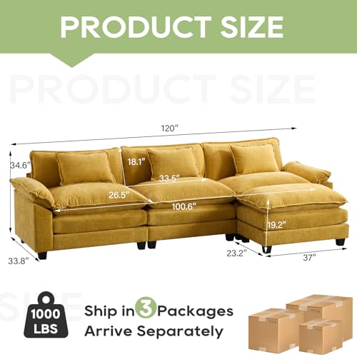 Image of Oprisen 120 inch Modular Sectional Sofa, Comfy Cloud Couch Sectional Sofa with Ottoman, Chenille Sofa Sleeper Deep Seat Sofa with Throw Pillows for Living Room (Yellow, 120 inch- L Shape)