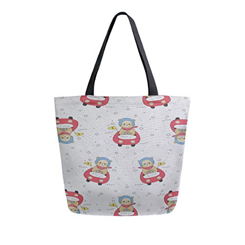 Preisvergleich Produktbild Bär fahren Auto cool tragbare große doppelseitige beiläufige Leinwand Tragetaschen Handtasche Schulter wiederverwendbare Einkaufstaschen Seesack Geldbörse Frauen Männer Lebensmittelgeschäft Reisen