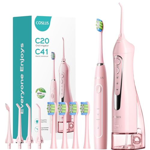 COSLUS Portable Water Flosser with Electric Toothbrush Combo: 2-in-1 Oral Clean Kit for Teeth, Braces, Gums Care - Brushing & Flossing for Adults, Family, Travel Use, BPA-Free, Pink, C20 & C41