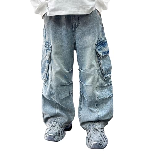 Boys Baggy Jeans Y2K Vintage Straight Wide Leg Ripped Denim Pants Teen Aesthetic Elastic Waist Loose Cargo Trousers