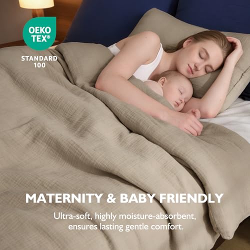 Image of EMME Muslin Cotton Duvet Cover Set Khaki King Size Linen Like Soft Breathable Lightweight Summer Comforter Cover Set with Zipper Closure (Khaki, King, 104 inchx90 inch)
