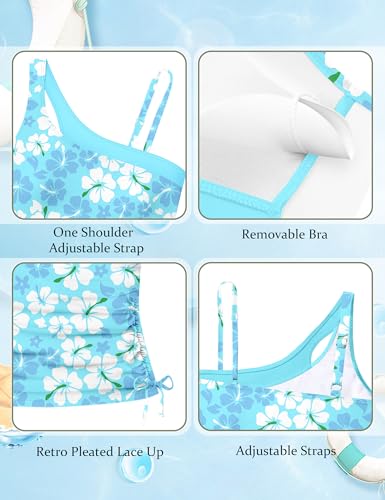 Image of AGAPENG Girls Swimsuit Two Piece One Shoulder Tankini Floral Print Drawstring Swimwear Set 7-14Y