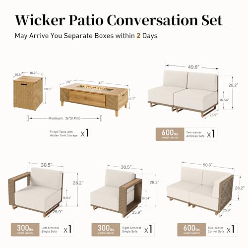 Image of SUNSHINE VALLEY Patio Furniture Set with Fire Pit, Sectional Outdoor Conversation Sets with 10 inch Thick Cushions, 7 Pieces L Shaped Modular Yellow Rattan Wicker Sofa, Low Profile Lawn Garden Couch Set