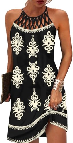 Image of Size M Tribal Totem Summer Dresses for Women 2026 Casual Floral Hollow Out Halter Neck A-line Beach Vacation Holiday Sundresses with Pockets