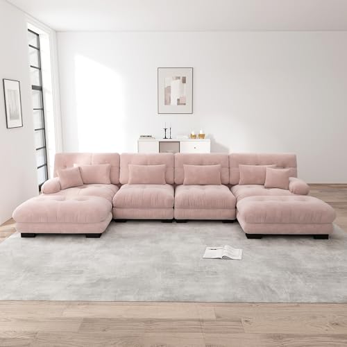 DUlVBPE Modulares Ecksofa, U-förmiges Couch Set für Wohnzimmer, 4-Sitzer Komfortable Cloud Couches mit beweglichem Ottoman, DIY-Kombination, Chenille, Rosa – Bild 5