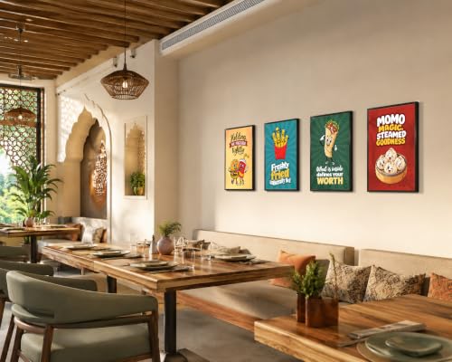 Image of Chaka Chaundh - Restaurant wall decoration items - Cafe quotes wall frames - Food walls frame - funny, cartoonist, fast food wall frame art - Burger wall frame poster, Roll wall frame, - Moms frame poster wall art, - French fries wall art. ( 14X11 inch. Set OF 4 )