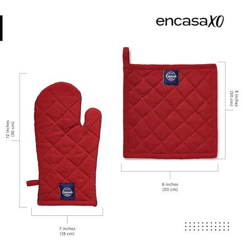 Image of Encasa XO Heat Resistant 100% Cotton Oven Glove & Potholder Set with Loop, Kitchen Cooking Mittens, Microwave Safe Hot Pads (Red)