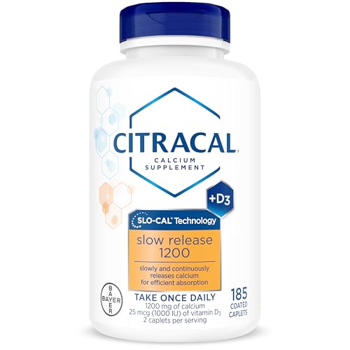 Citracal Slow Release- Calcium 1200 mg with Vitamin D3, Magnesium, Calcium Supplement, Bone Health Support, Take Once Daily Caplet, 185 Count
