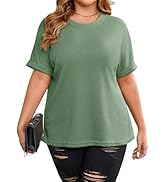 TAKEYAL Plus Size Tops For Women Waffle Knit Shirts Boat Neck Short Sleeve Tunic Tops Summer Casu...