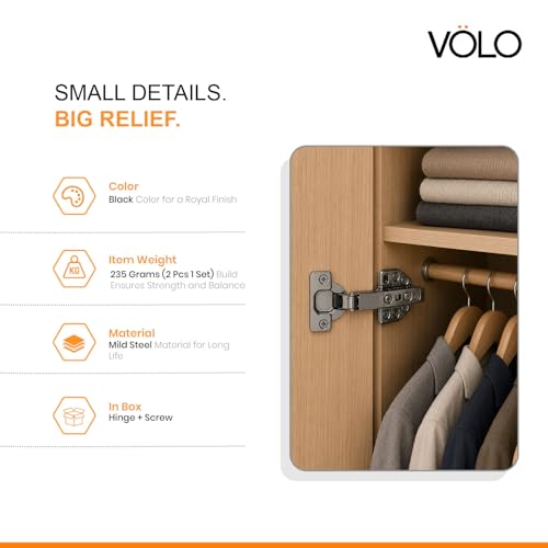 Image of VOLO Cabinet Hinges, Set of 1 (2 Pieces) for Furniture, Wardrobes, Doors, and Storage Units | (3D (Black) Soft Close (Mild Steel), 0 Crank | Full Overlay)