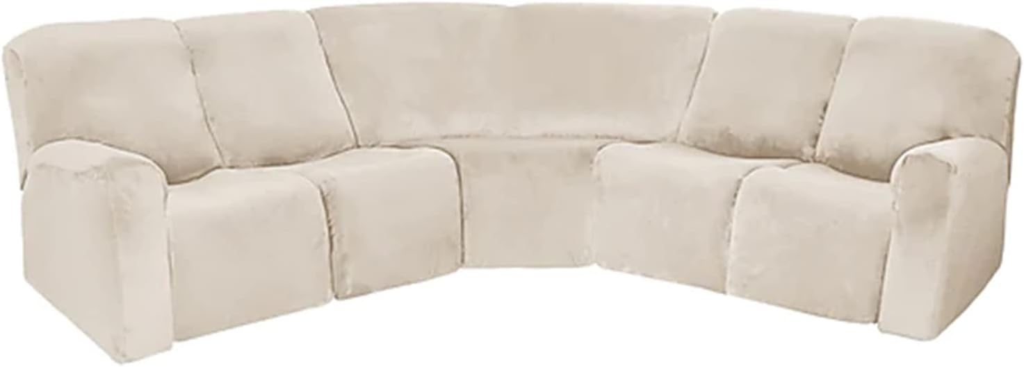 LightInTheBox 7-Piece Velvet Stretch Reclining Couch Covers 5 Seats Corner Sofa Cover L Shape Sectional Recliner Sofa Covers for Sofa Anti Slip Furniture Protector Thick Soft Washable (Beige)
