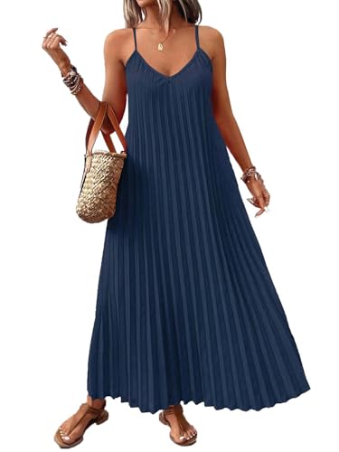 Image of Women's Summer Casual V Neck Sleeveless Strappy Pleated Flowy Loose Maxi Long Beach Dress