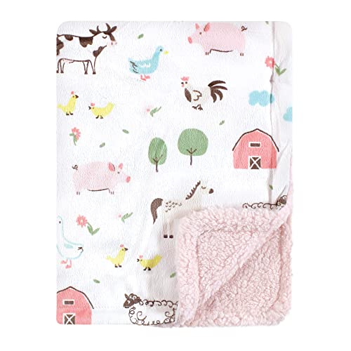Image of Hudson Baby Unisex Baby Plush Mink and Sherpa Blanket, Girl Farm Animals, One Size