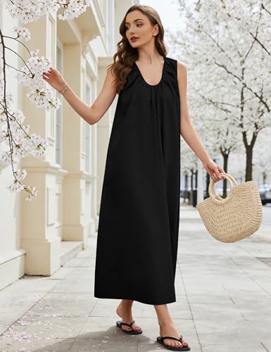 Image of Livtany Women's Scoop Neck Ruched Maxi Dress Flowy Swing Wide Straps Long Dress Casual Sleeveless Sundress with Side Pockets
