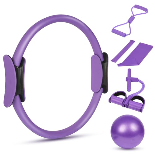 AOOSA Pilates Circle Essentials Kit, 6-teiliges Yoga-Set für Frauen zu Hause inklusive Pilates Ball Yoga-Ring Widerstandsbändern Elastischer Latexring Abbildung 8 Abzieher 6 Tubes Elastische Zugseil