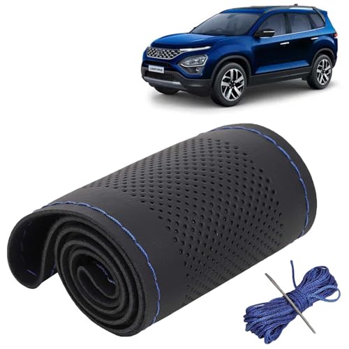 Image of KINGSWAY PU Leatherite Car Steering Cover Sewable Compatible with Tata Safari (Year 2021-2023), Black Color with Blue Thread, Pack of 1 with Sewing Needle and Thread