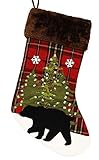 20 inch Bear Christmas Stockings Animal 1 Pack, Single Rustic Large Red Buffalo Plaid Black 3D Polar Bear Deer Farmhouse Xmas Stocking with Snowflake for Kids Children Boys Men Xmas Decor (Bear Black)