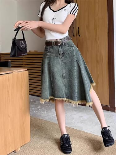 Vintage A-Line Frayed Hem Denim Skirt for Women – High Waist Washed Jean Midi Skirt with Raw Edge Design3