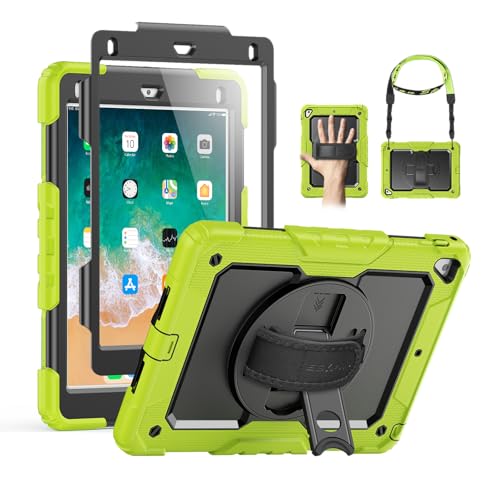 SEYMAC Case for iPad 6th/5th Generation 9.7 Inch, Full-Body Shockproof Heavy Duty Protective Case with Screen Protector, Rotating Stand/Hand/Shoulder Strap for iPad Air 2/ Pro 9.7, Green