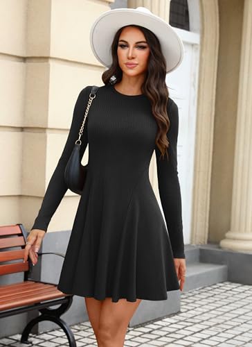 OFEEFAN Sweater Dress for Women Fall 2025 Long Sleeve Crew Neck Ribbed Knit Fit and Flare A-Line Dresses4