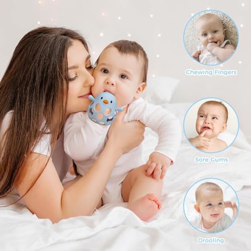 TOHIBEE Baby Teething Rattle Toy, Upgraded Easy Grasp Silicone Teething Rattle Ball Toy for Babies Over 3 Months, 100% Food Grade, Gift for Infant Boys and Girls 0-6-12 Months, (Rattle Blue)