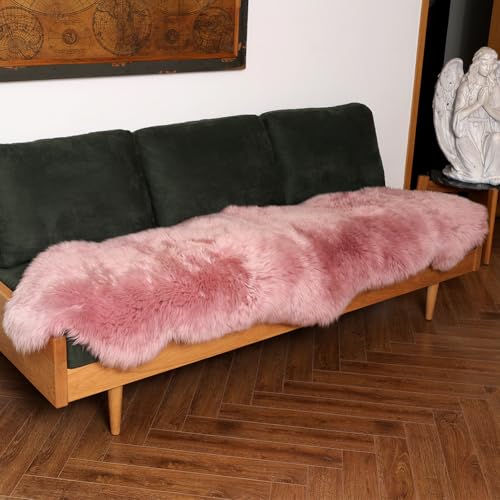Premium Genuine Fur Sheepskin Rug Real Australia Sheepskin Natural Luxury Fluffy Lambskin Fur Area Rug Seat Covers for Kids Bedroom Sofa Chair Cover (Light Pink, Double Pelt/2ft x 6ft)