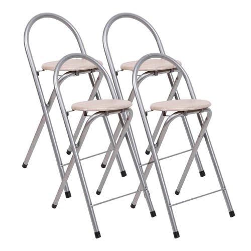 THE SECRET HOME - Pack de 4 Taburetes Plegables de Cocina - Asiento Plegable de Metal y Madera - Taburete Apto para Interior y Exterior (Alto: 80 cm x Largo: 40 cm - Madera Clara/Plateado)